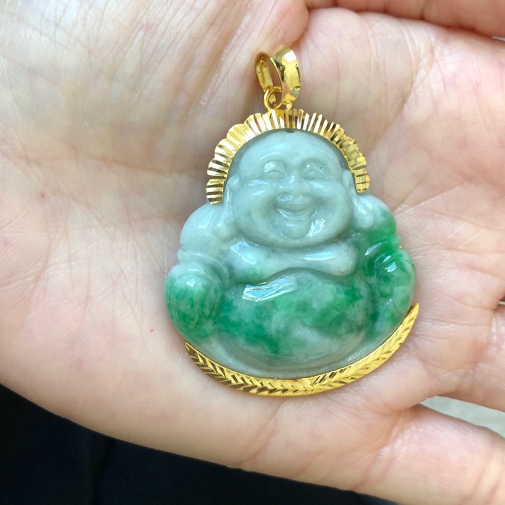 14K Solid Gold Laughing Buddha Real Jade Pendant